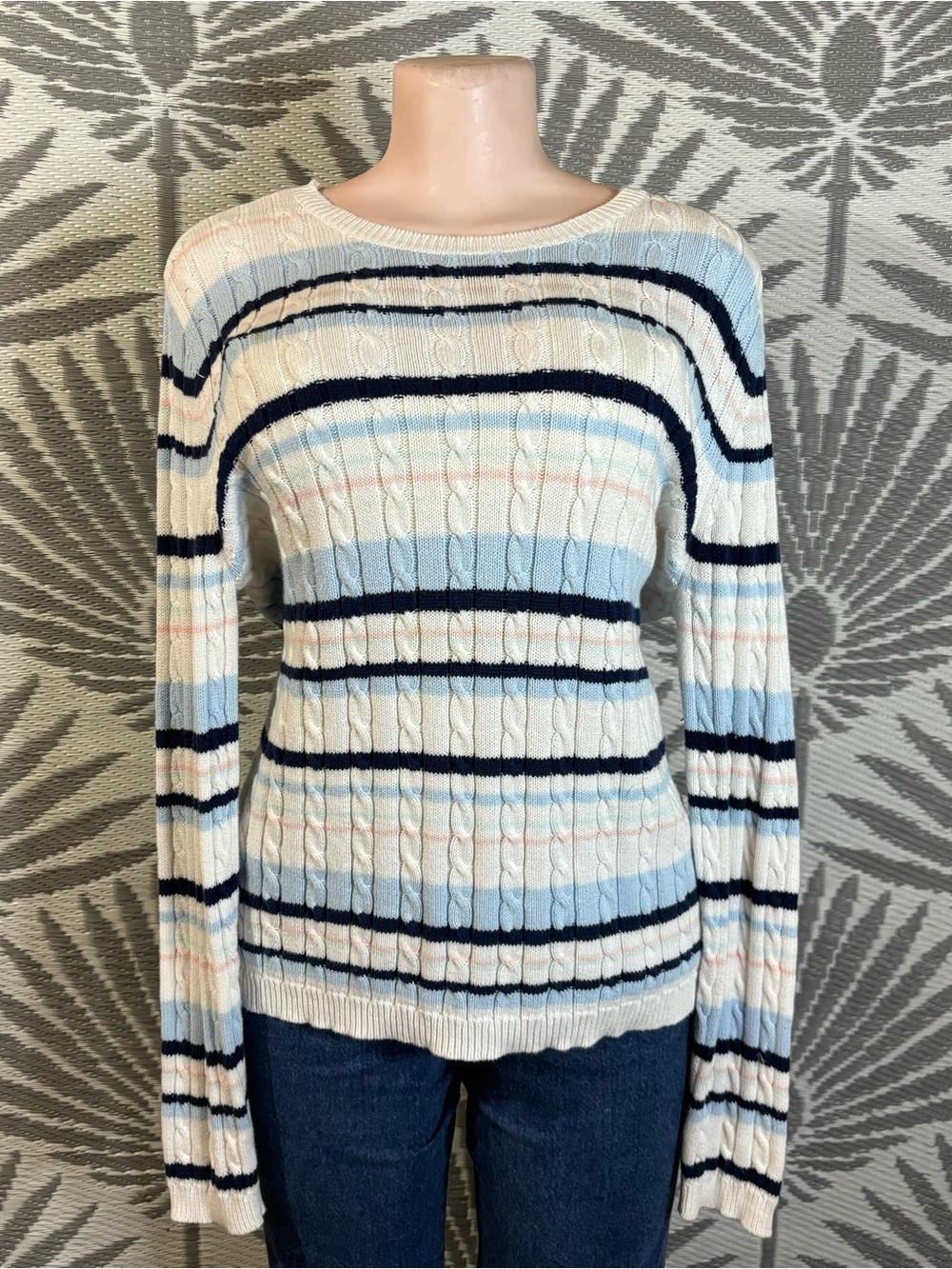 Vtg Y2K Cable Knit Striped Cotton Sweater Women Sz L Multicolor Preppy Old Money